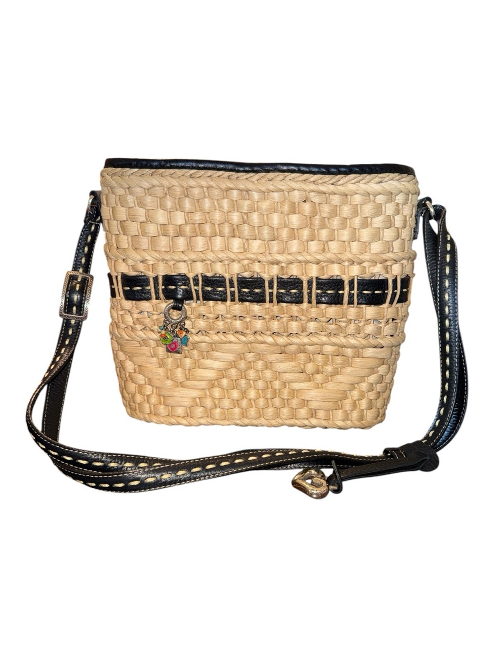 Brighton Tan Woven Crossbody with Black Trim and Charm